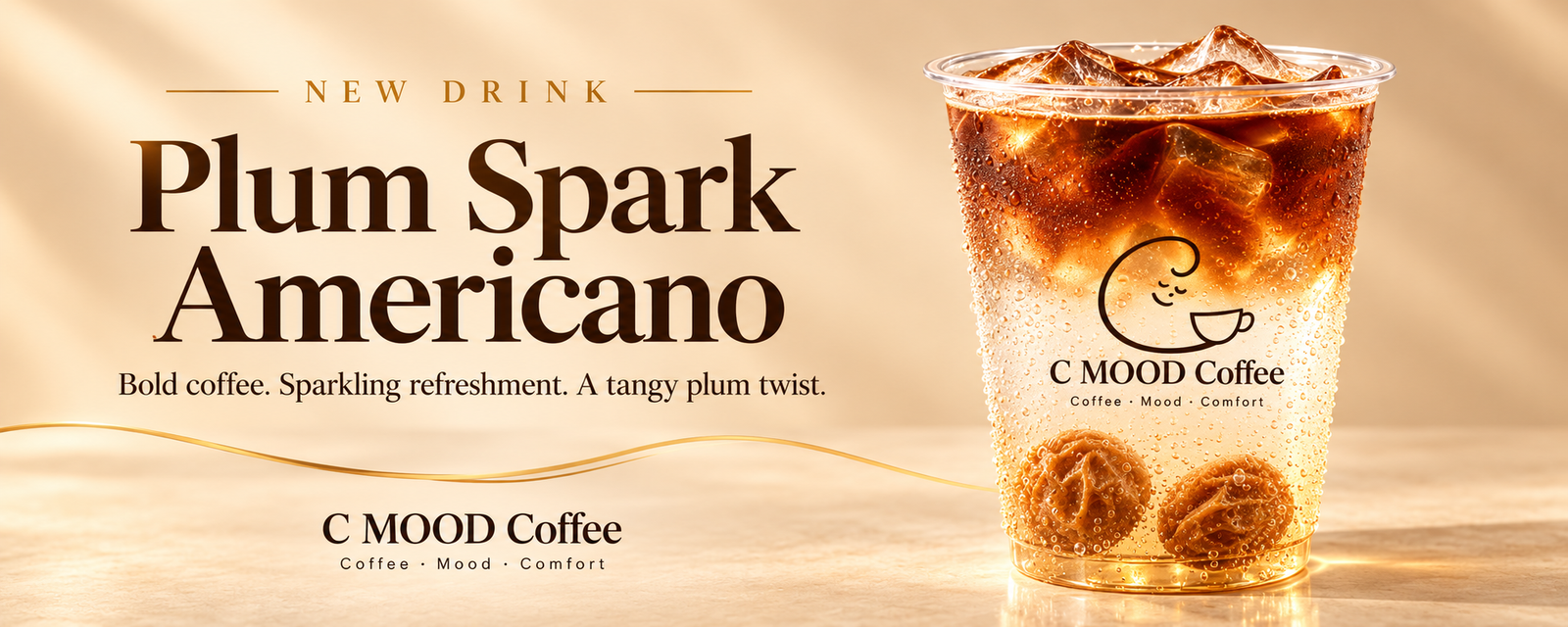 New drink: Plum Spark Americano. Bold coffee. Sparkling refreshment. A tangy plum twist.